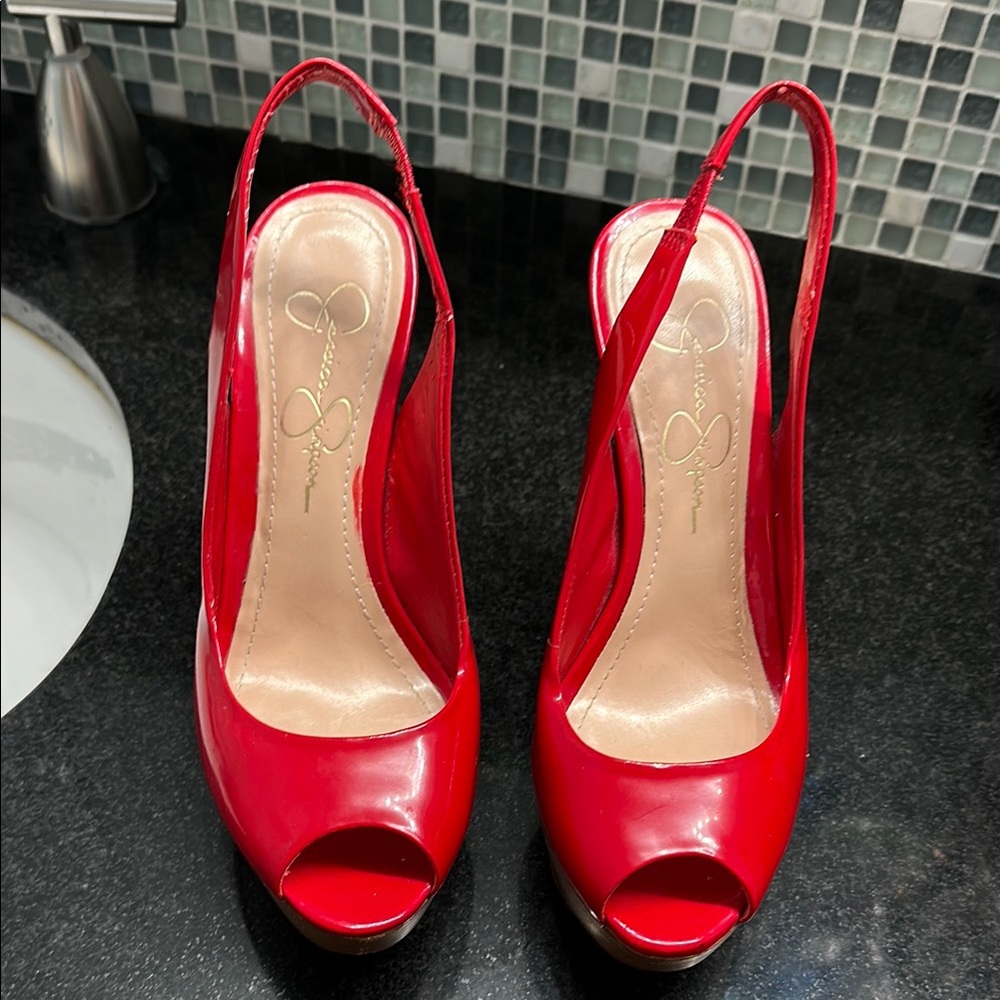 Elegant Red Peep-Toe Slingback Heels